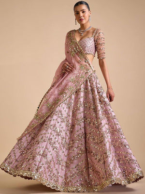 Rajwada Peach Chinon Silk Embellished Semi Stitched Lehenga For Women