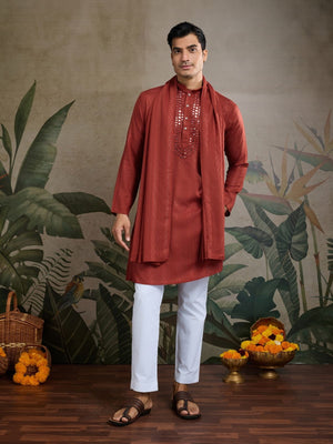 Rajwada Rust Orange Viscose Rayon Embellished Stitched Kurta For Men
