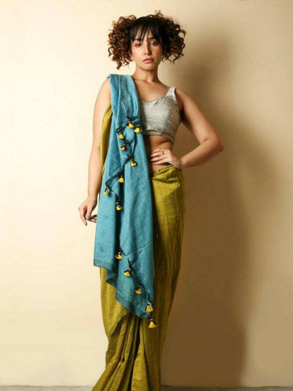 Rajwada Olive Cotton Blend Solid Saree For Women