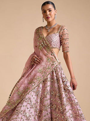 Rajwada Peach Chinon Silk Embellished Semi Stitched Lehenga For Women