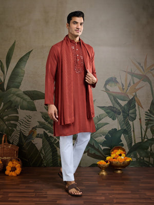 Rajwada Rust Orange Viscose Rayon Embellished Stitched Kurta For Men
