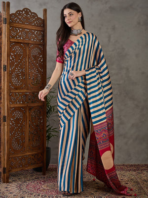 Rajwada Sky Blue And White Silk Blend Printed Elegant Saree For Women