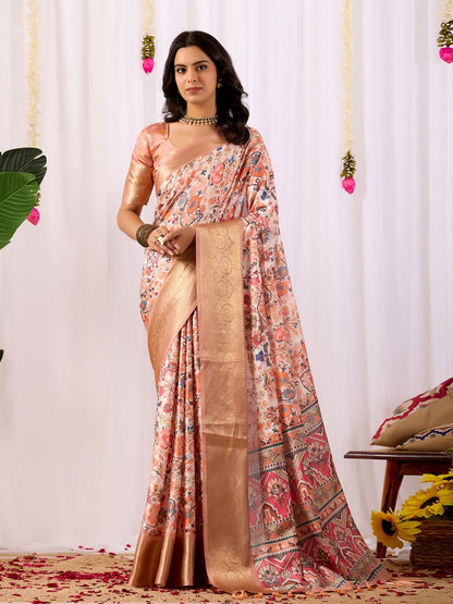 Rajwada Peach Silk Blend Printed Saree For Women