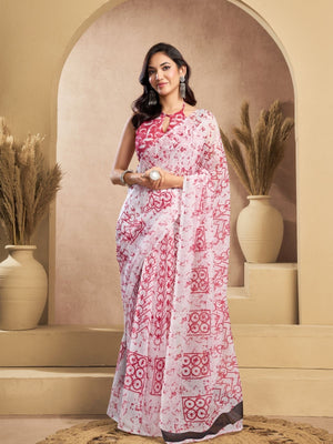 Rajwada Pink And White Cotton Linen Zari Work Saree For Women