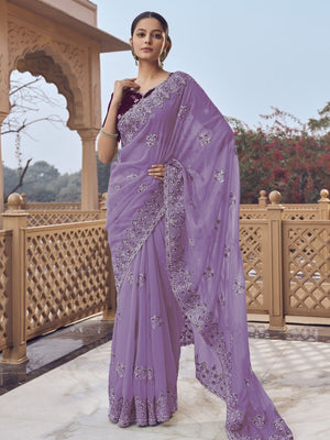 Rajwada Lavender Georgette Embellished Elegant Saree For Women