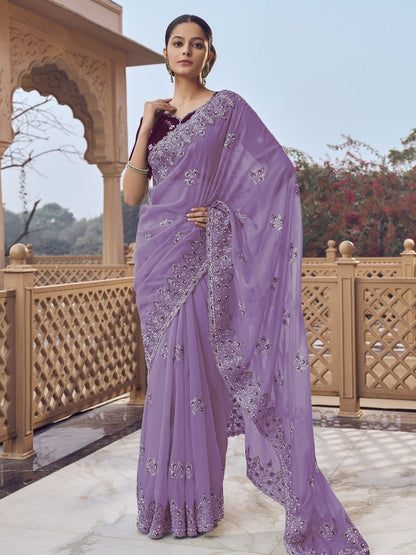 Rajwada Lavender Georgette Embellished Elegant Saree For Women