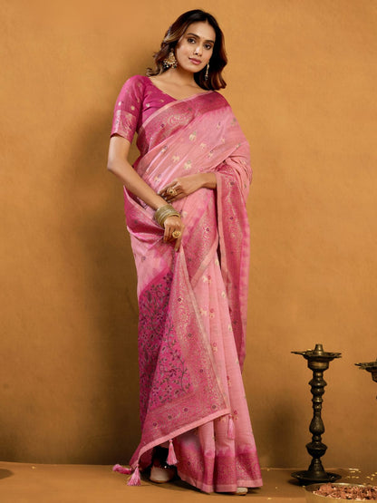 Rajwada Pink Cotton Blend Solid Saree For Women