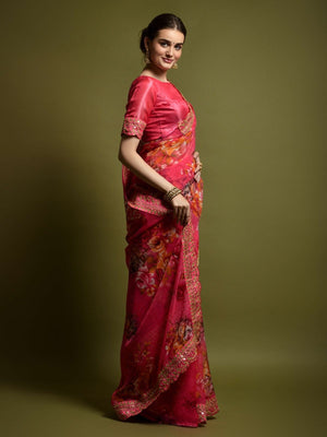 Rajwada Pink Georgette Embroidered Printed Saree For Women