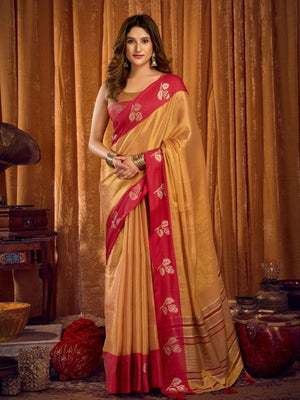 Rajwada Golden And Red Silk Blend Solid Saree For Women