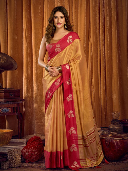 Rajwada Golden And Red Silk Blend Solid Saree For Women