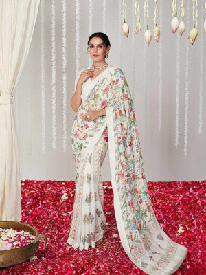 Rajwada White Georgette Printed Saree With Unstitched Blouse For Women