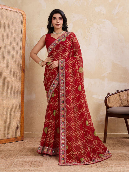 Rajwada Red Georgette Embroidered Saree For Women