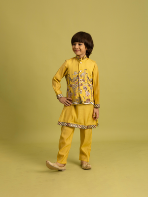 Rajwada Yellow Viscose Silk Embroidered Stitched Kurta Set For Kids