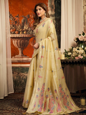 Rajwada Beige Cotton Blend Solid Saree For Women
