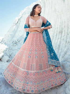 Rajwada Peach Georgette Embellished Semi-Stitched lehenga For Women