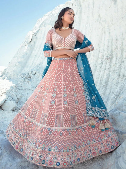 Rajwada Peach Georgette Embellished Semi-Stitched lehenga For Women
