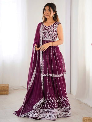 Rajwada Wine Georgette Embroidered Stitched Kurta Set For Women