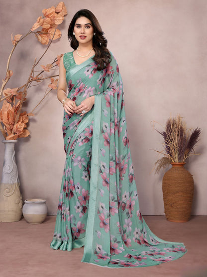 Rajwada Teal Satin Printed Saree With Unstitched Blouse For Women
