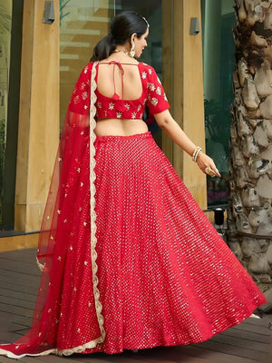 Rajwada Red Georgette Embroidered Semi-Stitched Lehenga For Women