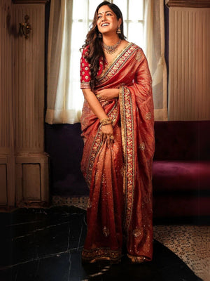 Rajwada Red Banarasi Crush Embellished Saree For Women