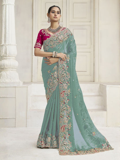 Rajwada Green Satin Embroidered Saree For Women