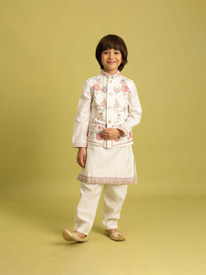 Rajwada White Viscose Silk Embroidered Stitched Kurta Set For Kids