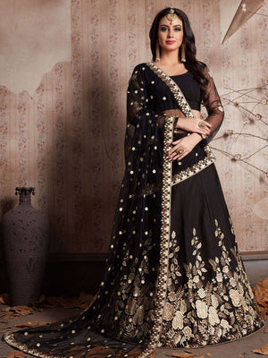 Rajwada Black Silk Blend Embroidered Semi-Stitched lehenga For Women