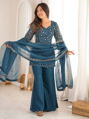 Rajwada Teal Blue Georgette Embellished Kurta Set For Women