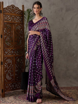 Rajwada Purple Silk Blend Printed Elegant Saree For Women