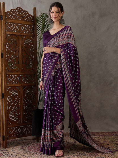 Rajwada Purple Silk Blend Printed Elegant Saree For Women