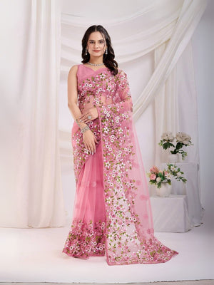 Rajwada Pink Net Embroidered Elegant Saree For Women