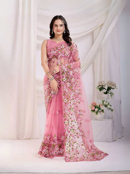 Rajwada Pink Net Embroidered Elegant Saree For Women