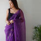 Rajwada Purple Organza Printed Saree With Unstitched Blouse For Women
