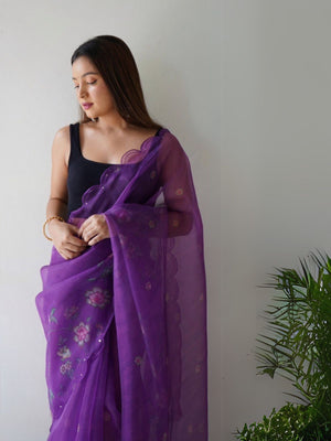Rajwada Purple Organza Printed Saree With Unstitched Blouse For Women