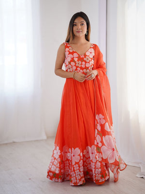 Rajwada Orange Organza Printed Stitched Gown With Dupatta For Women