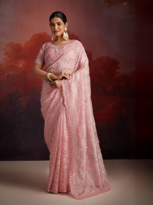 Rajwada Pink Organza Embellished Saree For Women
