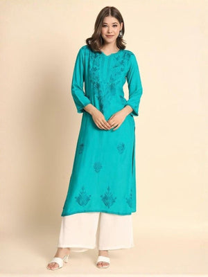 Rajwada Turquoise Rayon Embroidered Kurti For Women
