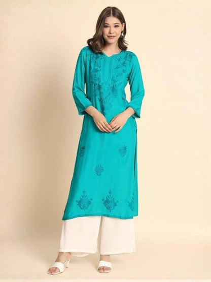 Rajwada Turquoise Rayon Embroidered Kurti For Women