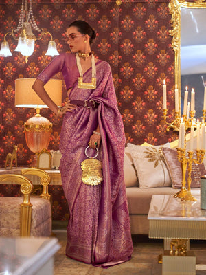 Rajwada Purple Silk Blend Woven Saree With Unstitched Blouse For Women