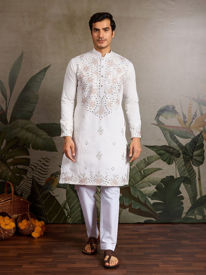 Rajwada White Silk Blend Embroidered Stitched Kurta For Men