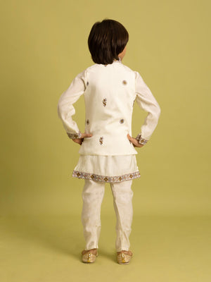 Rajwada White Viscose Silk Embroidered Stitched Kurta Set For Kids