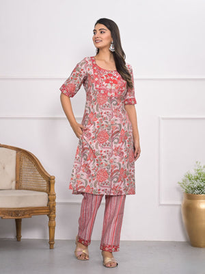 Rajwada Pink Chanderi Embroidered And Printed Stitched Kurta Set Without Dupatta For Women