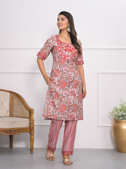 Rajwada Pink Chanderi Embroidered And Printed Stitched Kurta Set Without Dupatta For Women