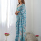 Rajwada Blue Chinon Printed Saree With Unstitched Blouse For Women