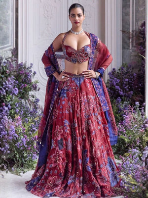 Rajwada Red Silk Blend Embellished Semi Stitched Lehenga For Women