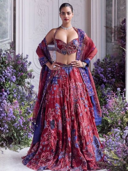 Rajwada Red Silk Blend Embellished Semi Stitched Lehenga For Women