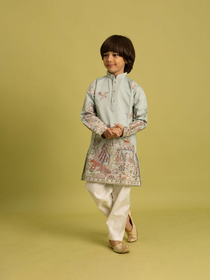 Rajwada Pista Green Viscose Silk Embroidered Kurta Set For Kids