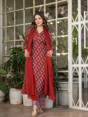Rajwada Maroon Cotton Blend Printed Stitched Kurta Set For Women