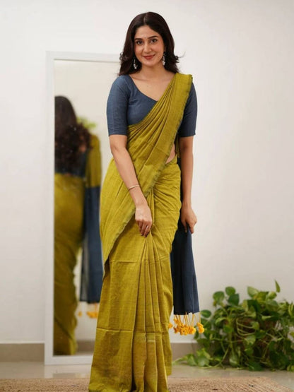 Rajwada Mustard Cotton Blend Solid Saree For Women
