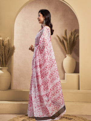 Rajwada Pink And White Cotton Linen Zari Work Saree For Women